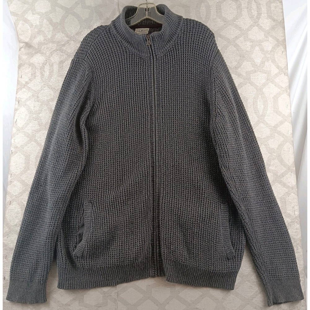 LL Bean Sweater Mens Extra Large Tall Gray Full Zip Chunky Knit Cotton Mock Neck